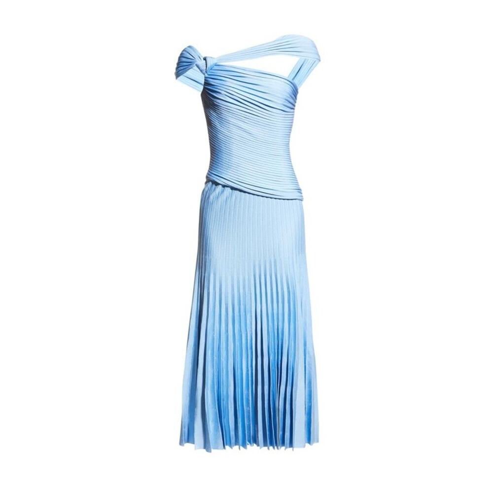 NWT St. John Pleated One Shoulder Milano Knit Midi Dress Blue Sz 16 $2495 - Picture 5 of 10